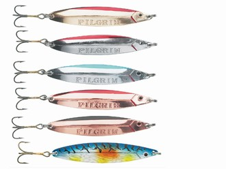 The Pilgrim is a classically shaped lure that is extremely effective for trout and salmon in Stillwater and rivers alike. <br />The spoon is pressed out of a brass plate, it is then fitted with a scale pattern on the backside and painted with a proven colour combination. <br />All lures are mounted with quality stainless split rings and strong Mustad trebles.<br />It comes in 8 different sizes ranging from 7-42 grams and in six radical colors that produce fish again and again.